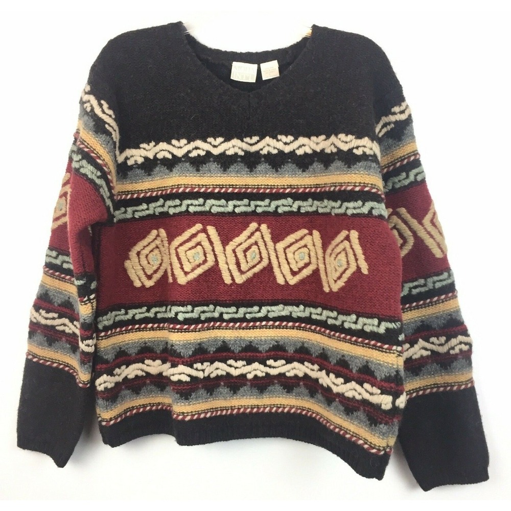 Wool Ski Sweater Womens L Southwestern Cowgirl Brown Tribal Art to Wear Artisan